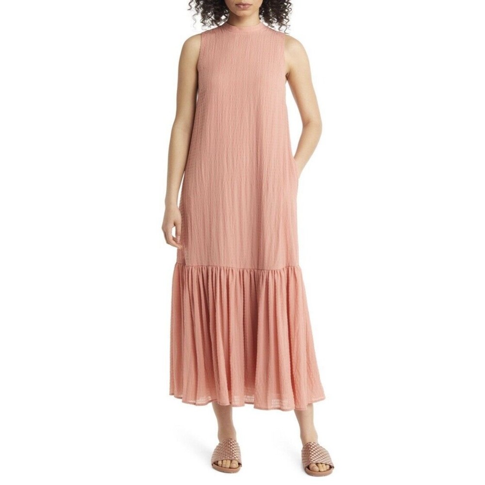 NORDSTROM Sleeveless Seersucker Maxi Shift Dress Pink Desert Pockets